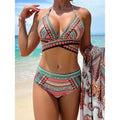 Women's high-waisted bikini swimsuit with cross bandage design in three-piece set