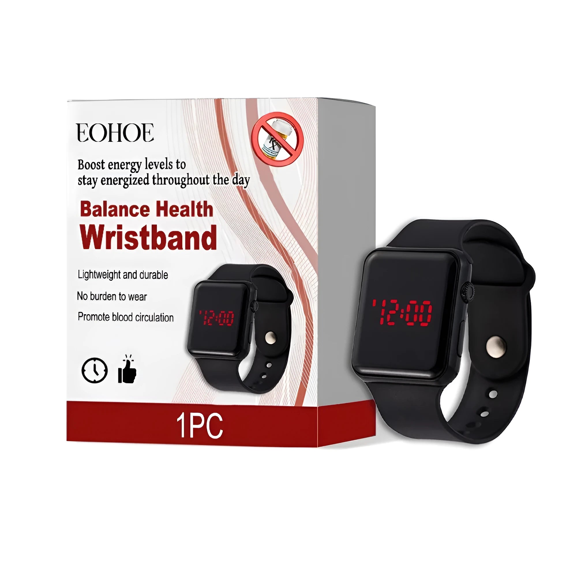 Balance Health black silicone wristband fitness tracker on wrist with adjustable strap