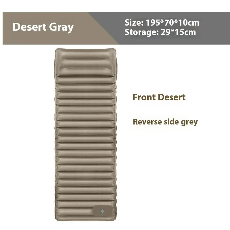 Single inflatable camping mattress in grey or black colour showing 195cm length and 10cm thickness