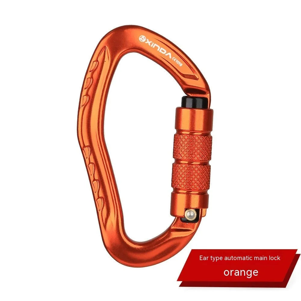 Automatic lock climbing carabiner in multiple colours: black, blue, orange, red, and silver