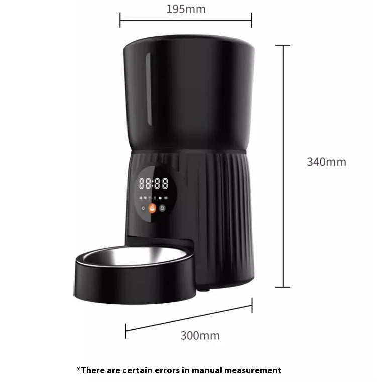 Black automatic pet feeder with smartphone showing feeding schedule and portion control settings