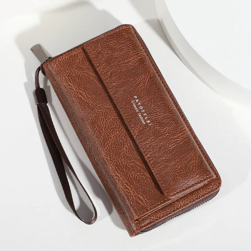 Men's black PU leather bifold wallet with multiple card slots, shown closed.