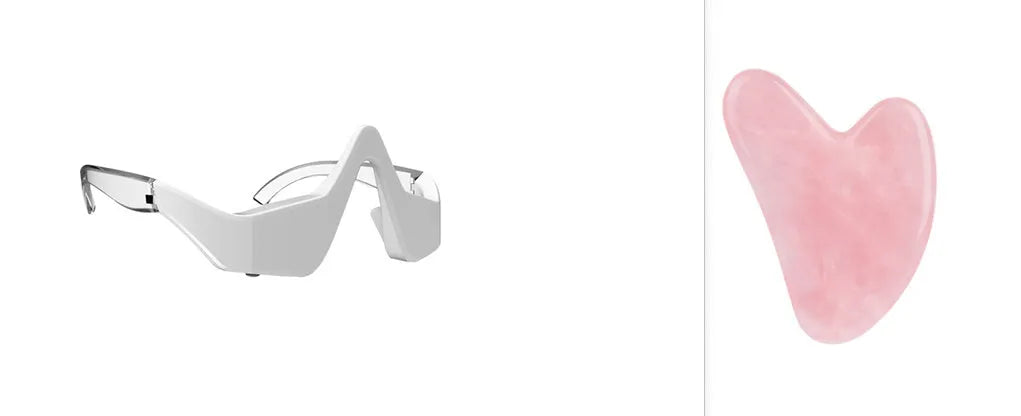 3D micro-current eye massager with glasses design on a pink background.