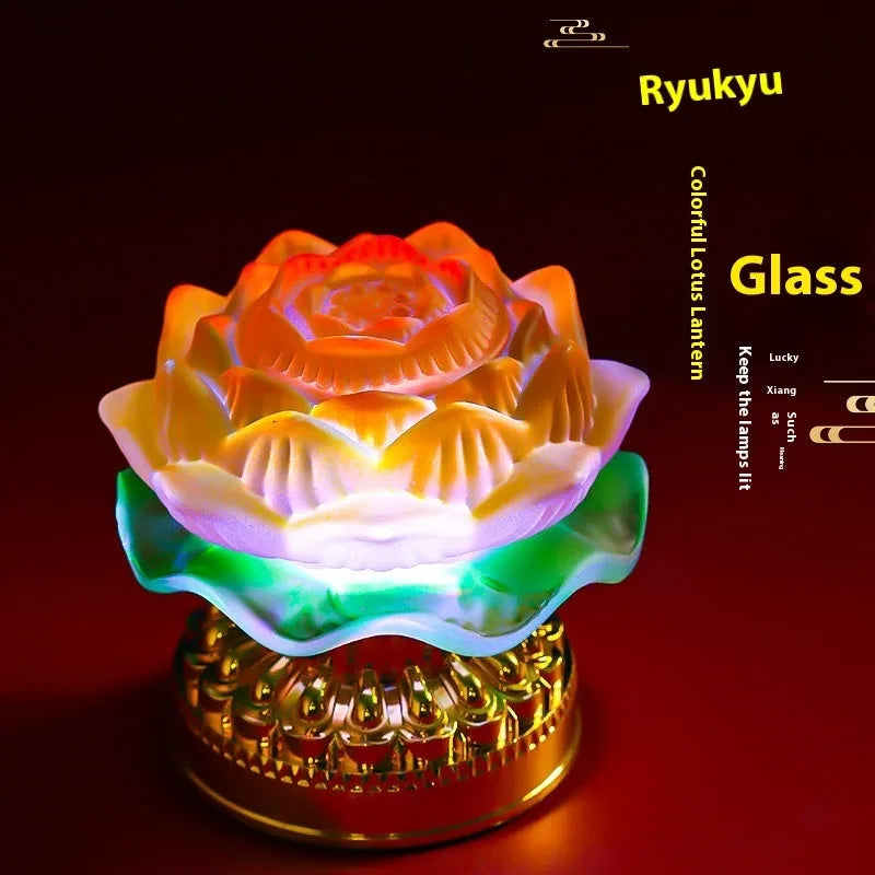Yellow Chinese style lotus lamp on a table, showing flower bud and flowering design options.