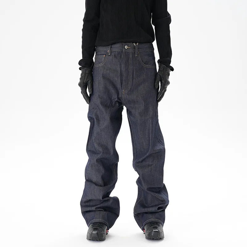 Men's dark blue loose straight leg jeans with original cattle wash on denim fabric