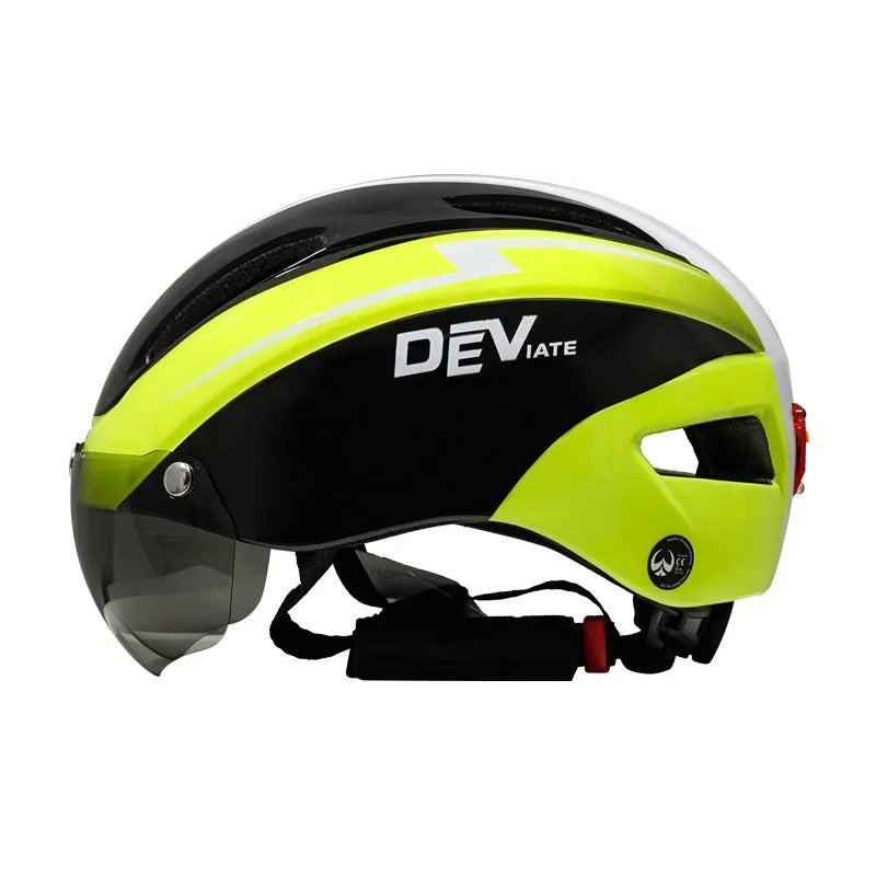 Adult bicycle helmet with integrated red taillight on the rear, shown in a black and blue colour variant.