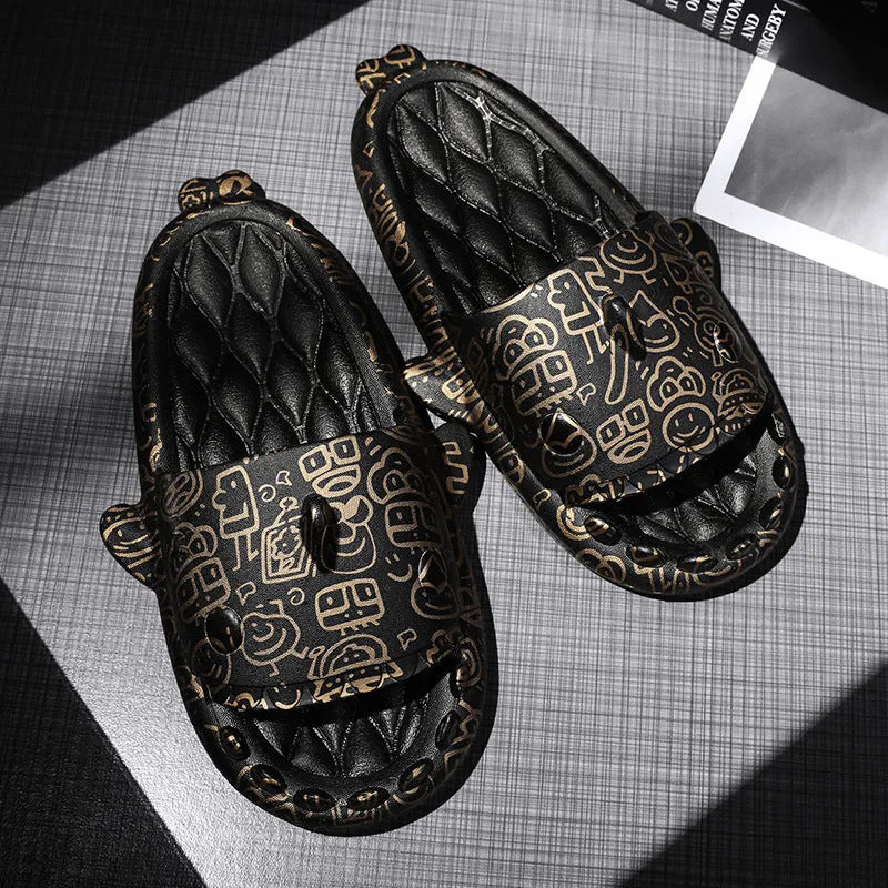 Pair of grey EVA open-toe slippers featuring a large raised shark design on the upper.