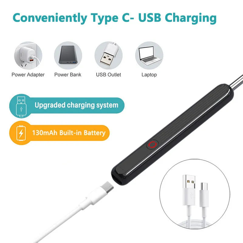 NE3 wireless otoscope ear cleaner with camera, spoon heads, and charging cable on a white background.