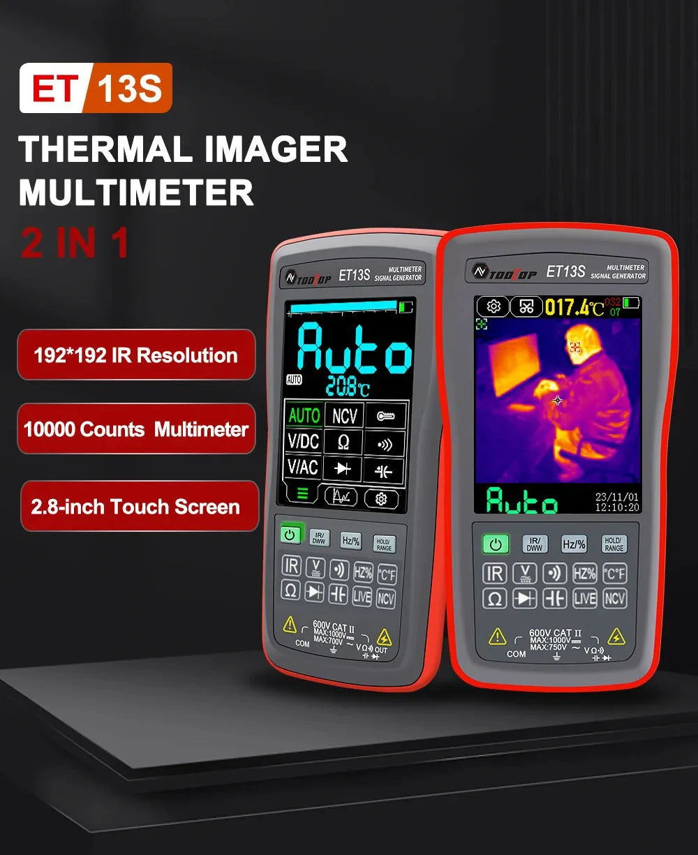 ET13S Pro handheld thermal imaging camera and infrared thermometer on a workbench.
