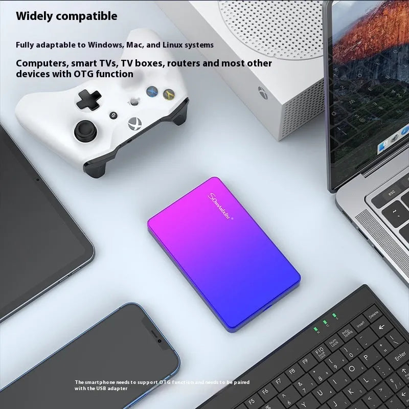 Purple external mobile hard disk with plastic shell and leather bag packaging