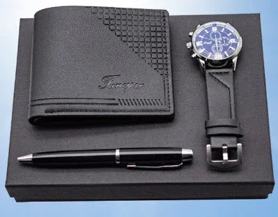 Modern business gift set containing a brown wallet, pen, and watch inside an elegant presentation box.