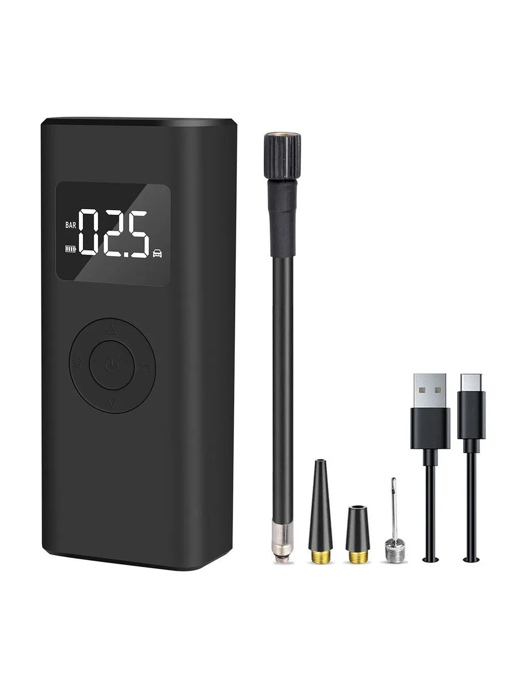 Portable 2500mAh wireless electric air pump with emergency light and USB-A output in black ABS housing