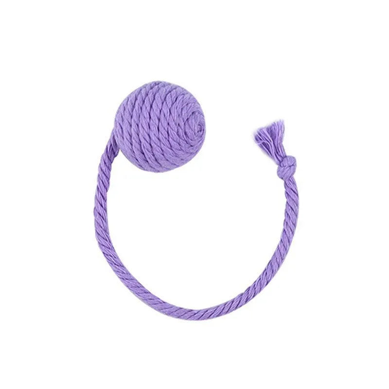 Cat toy ball with attached rope in green, pink, purple or yellow colours showing 3cm and 6cm size options