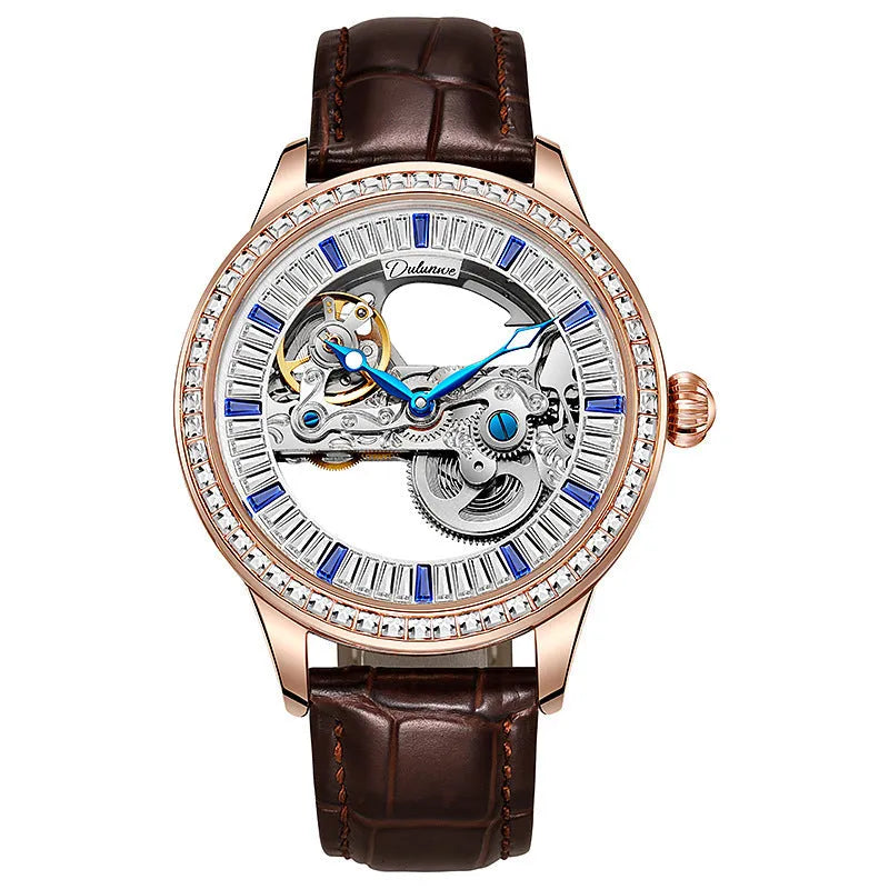 Men's zircon mechanical watch with stainless steel case and choice of strap on wrist.
