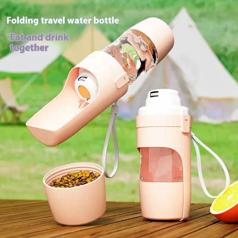 Grey 2-in-1 travel dog water bottle with 690ml capacity, lanyard, and dry-wet separation design for outdoor use