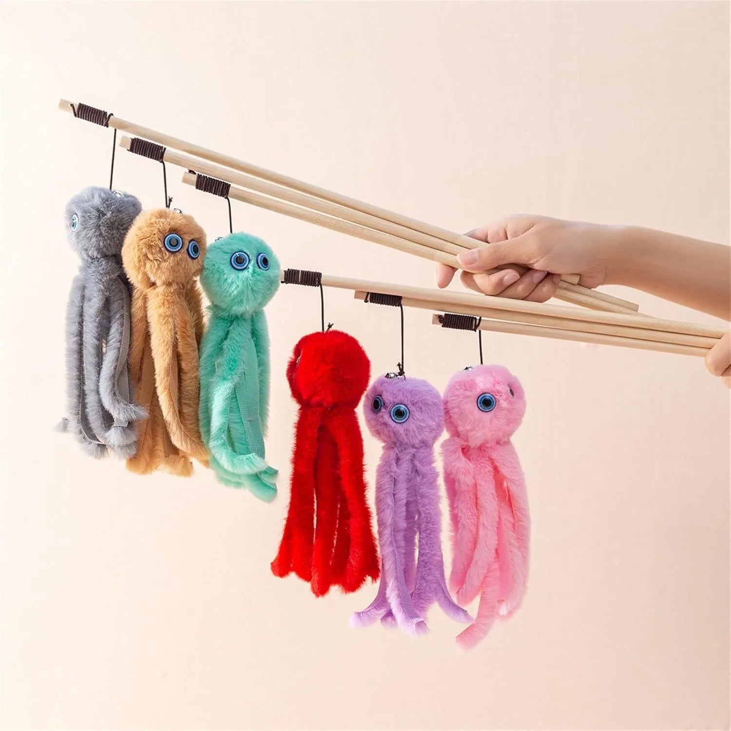 Octopus cat toy with long stick in grey, pink, purple or red colours for indoor kittens