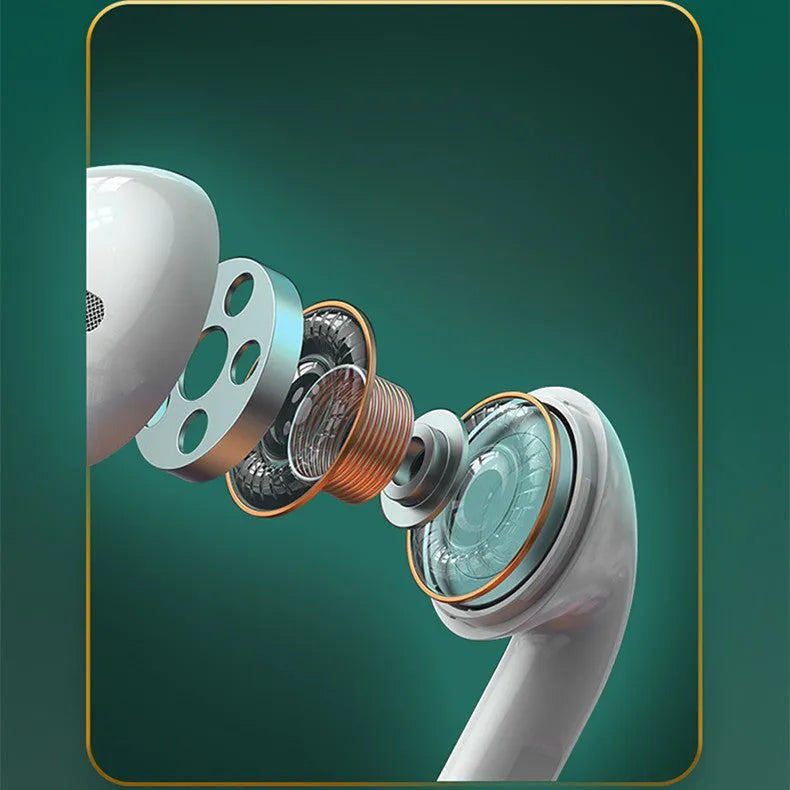 White Budz5 wireless Bluetooth earbuds with charging case on a table.