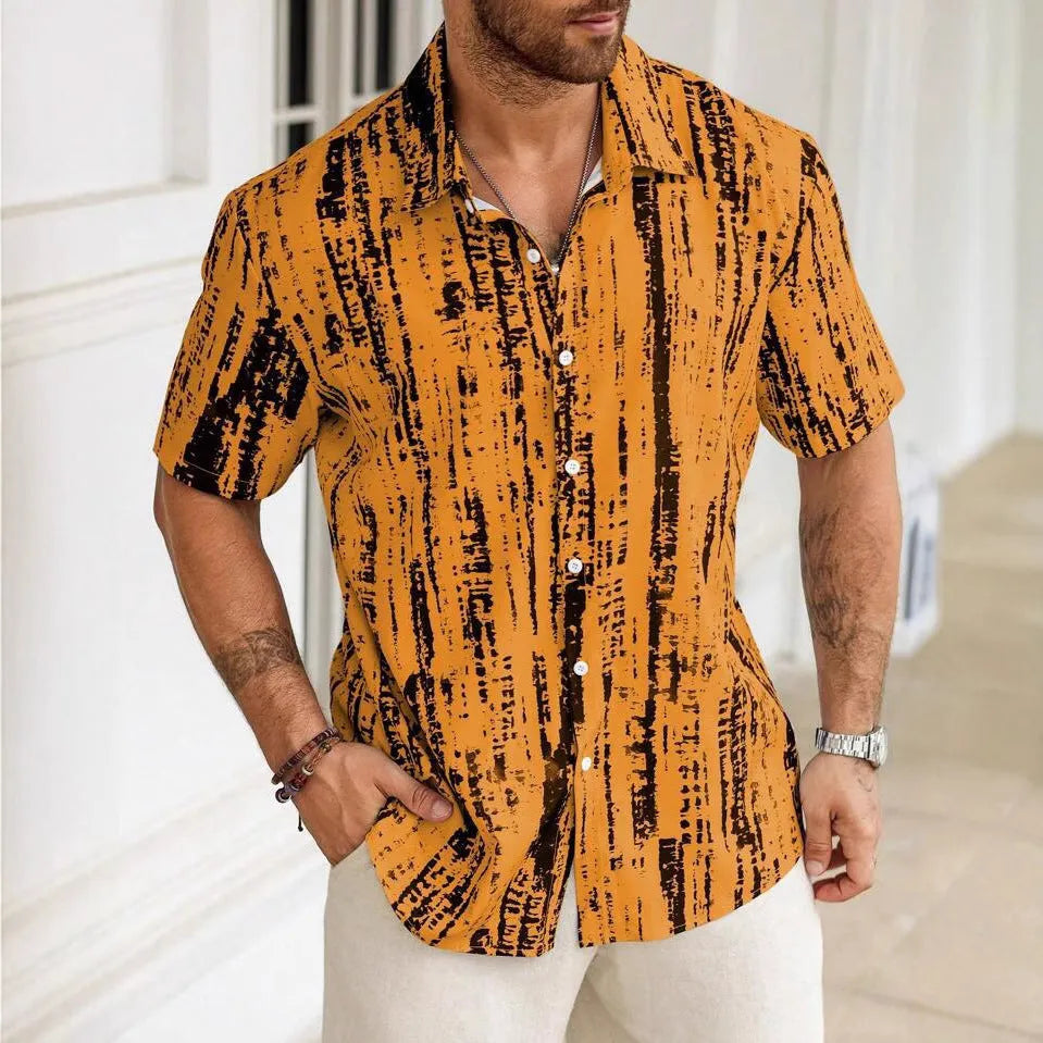 Man wearing a blue and white striped short sleeve casual shirt.