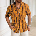 Man wearing a blue and white striped short sleeve casual shirt.