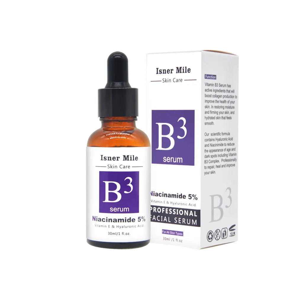 Liquid niacinamide hyaluronic acid serum in 30ml dropper bottle with vitamin C for brightening uneven skin tone