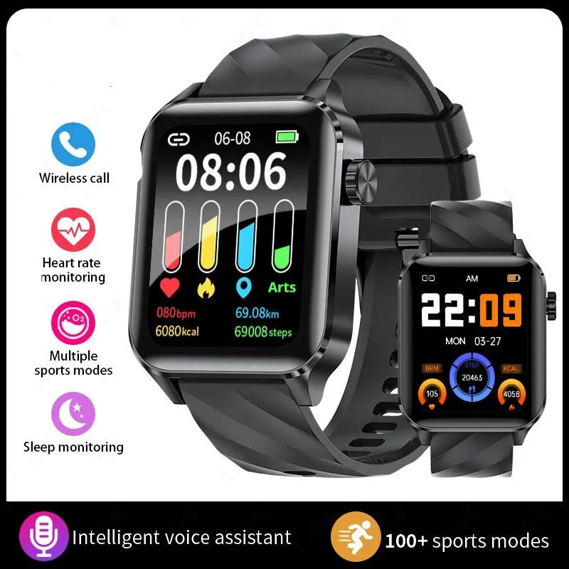 Bluetooth calling health monitoring smart watch with heart rate blood pressure sleep tracking in black tape strap