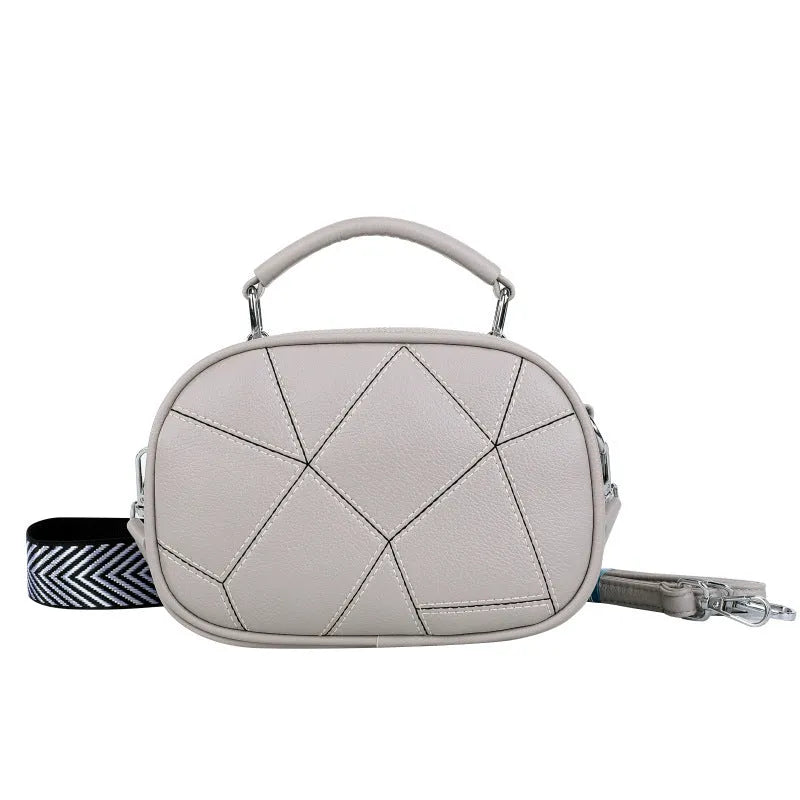 PU leather round small bag with three-layer retro patchwork design in 20x15cm size