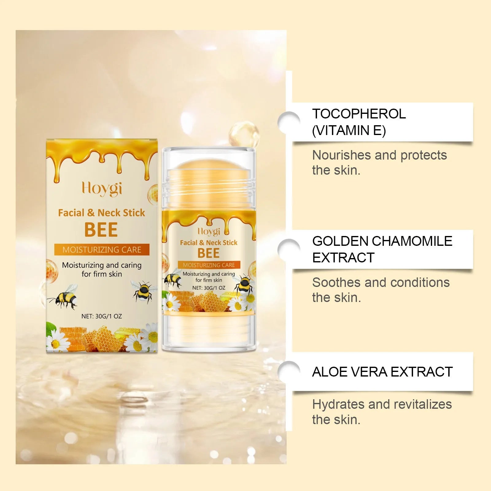 30g moisturising facial essence stick with twist-up base shown on a neutral background.