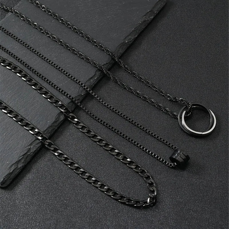 Men's black titanium steel necklace set with geometric cylindrical ring buckle pendant