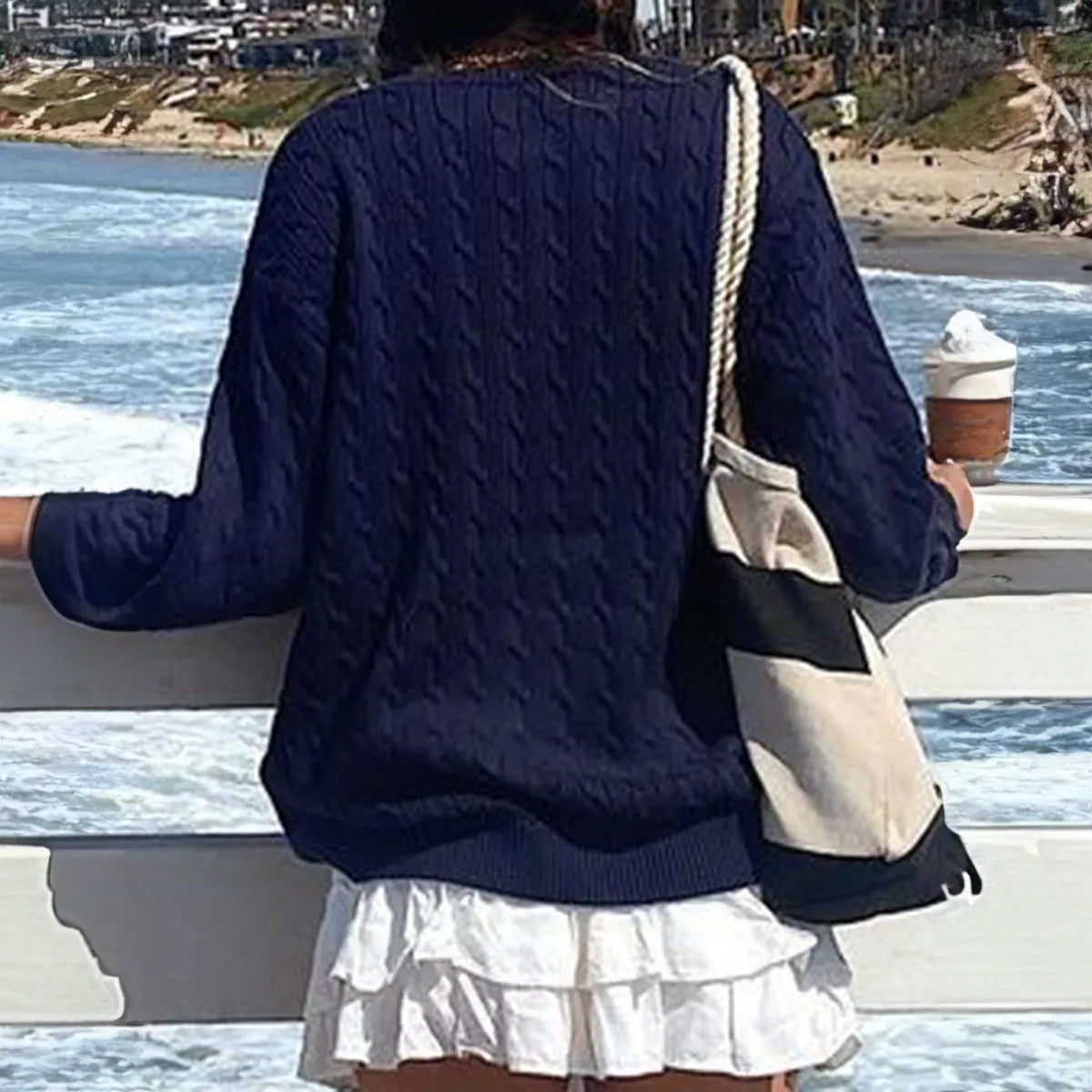 Solid colour long-sleeved viscose knitwear in navy blue, front view, for casual wear
