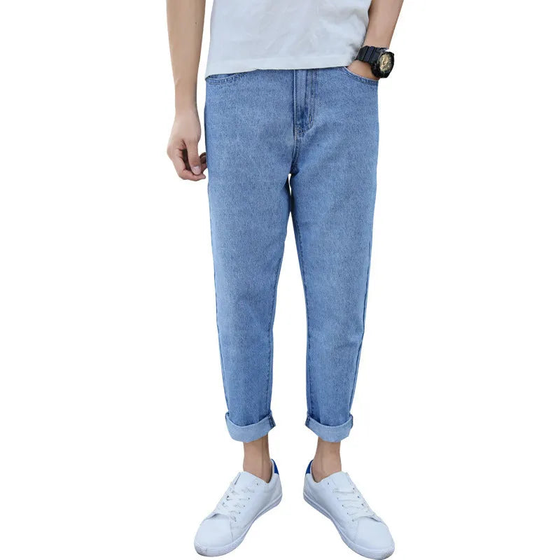 Men's black and blue straight leg cotton jeans with small harem style on waist size chart