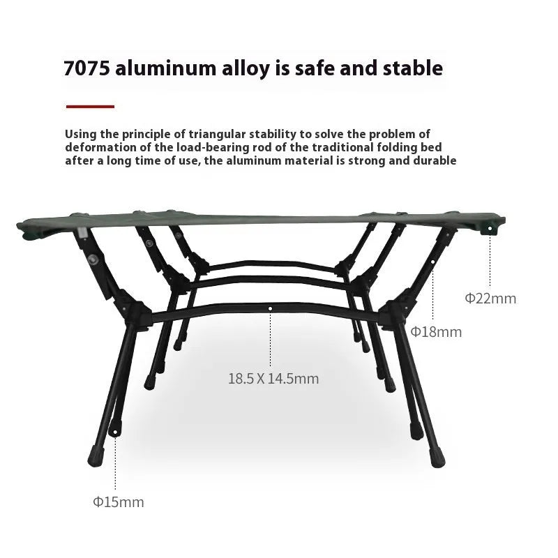 Outdoor folding bed with aluminium frame shown in khaki colour, folded with storage bag