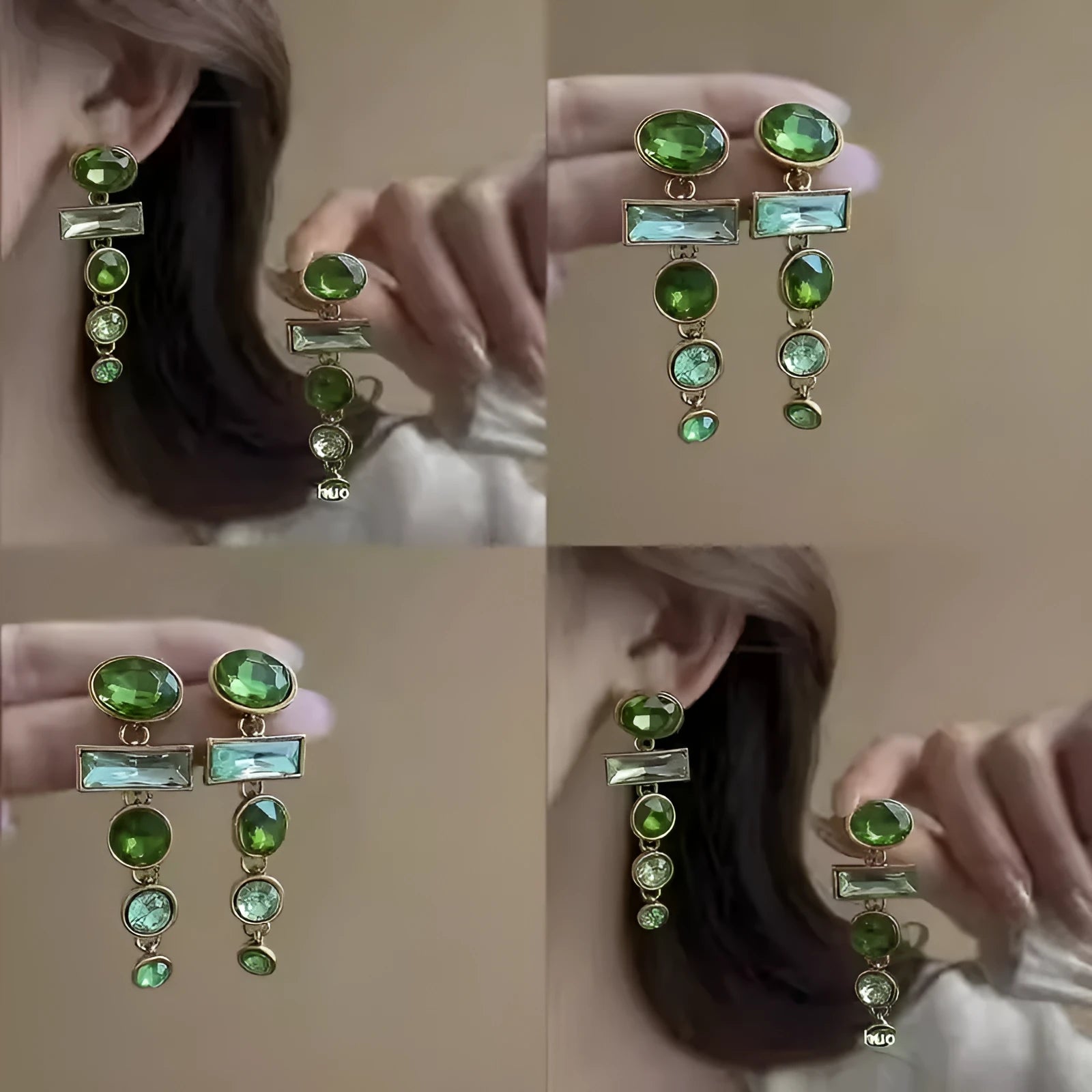 A pair of green gradient retro earrings with a geometric shape, tassel detail, and zircon inlay on an alloy base.