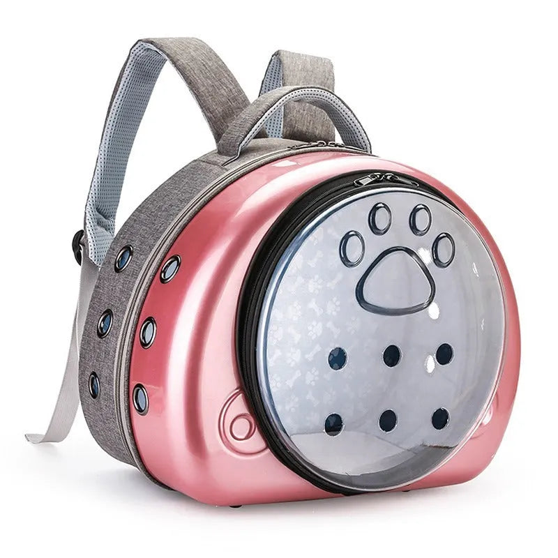 Transparent cat carrier bag in metallic colour with space capsule design for pet transport