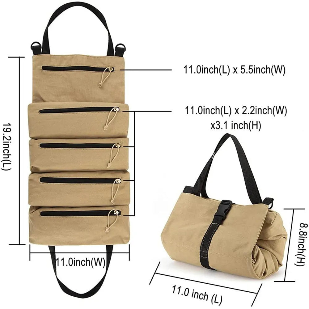 Super Roll Tool Roll multi-purpose wrench roll in Oxford cloth, khaki colour, rolled up with tools visible