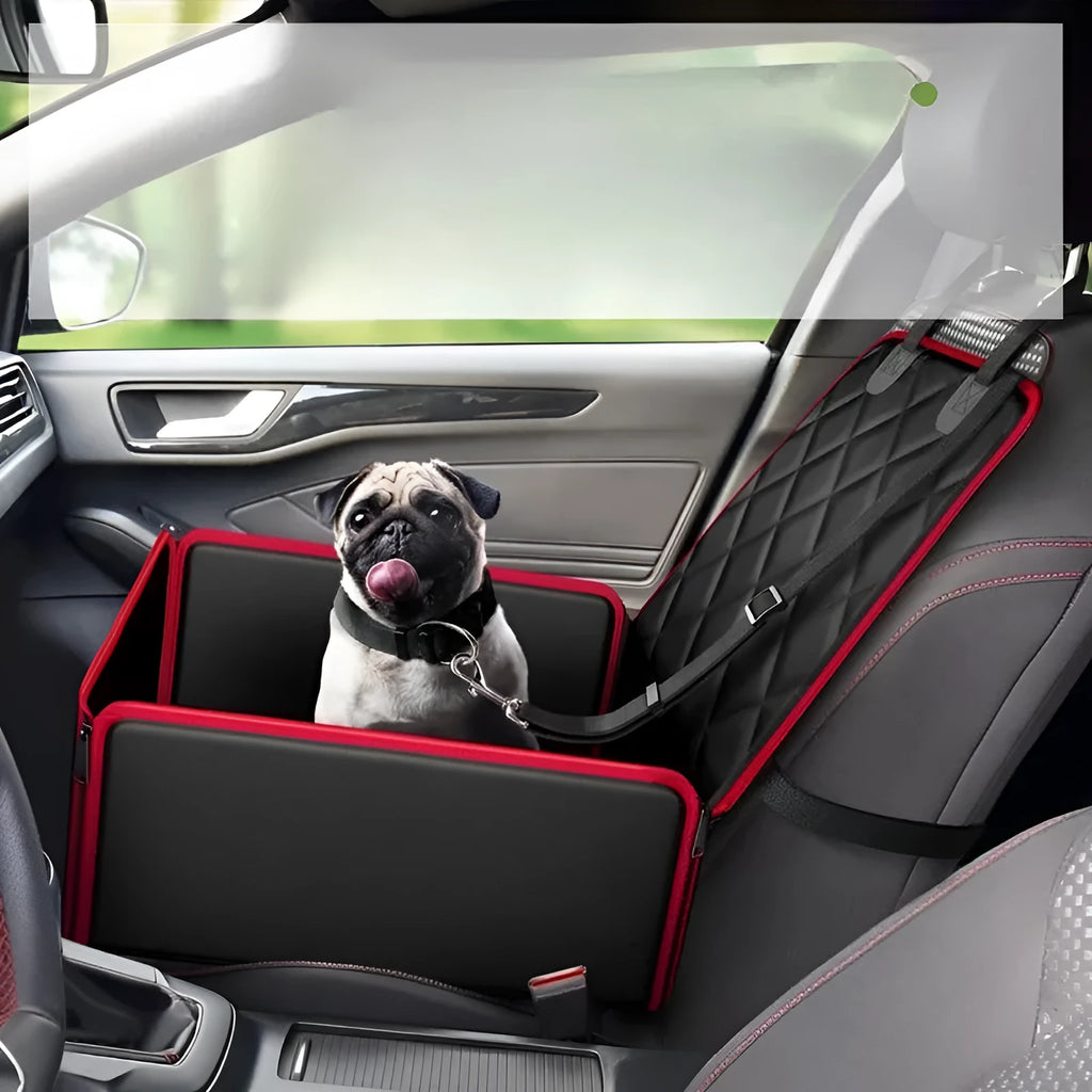 Black non-slip car seat pet pad for big dogs on a car passenger seat.