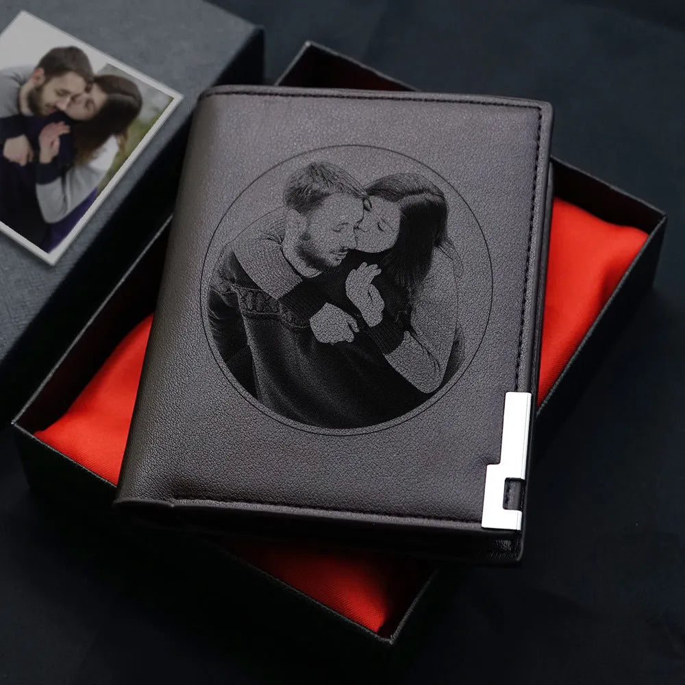 Men's leather wallet with a zipper closure, individually packaged for gift-giving.