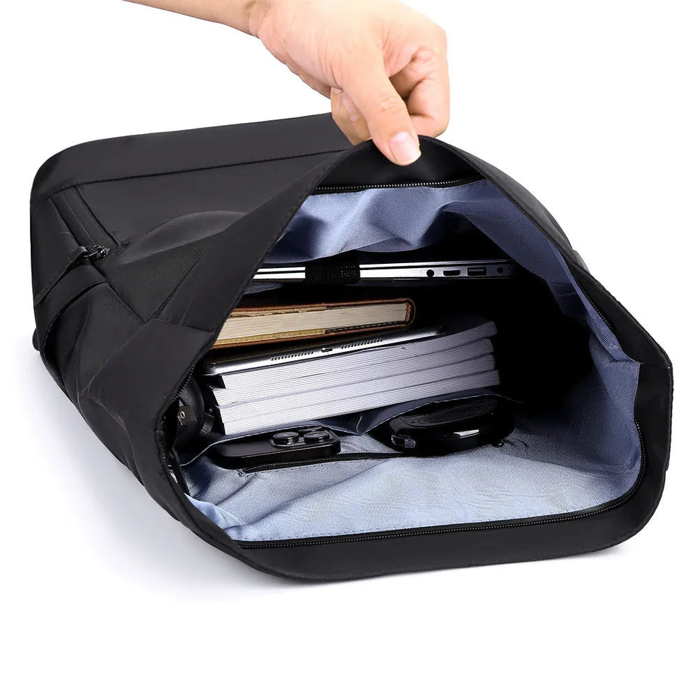 Oxford cloth casual backpack with airpillow straps, 20-35L capacity, in black solid colour with sewing line detail