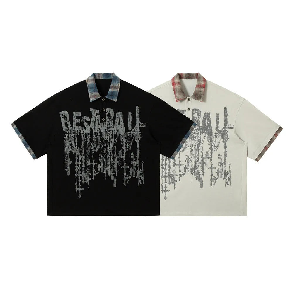 Men's loose blue cotton top with asymmetric cut and graffiti print on lapel.