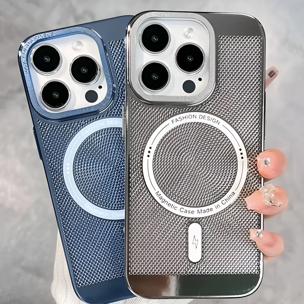 Electroplated magnetic heat dissipation phone case for iPhone Pro models in black, light blue, silver