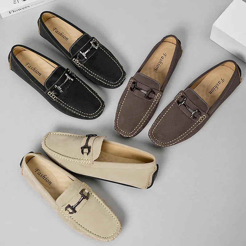 Men's casual leather loafers with round toe and rubber sole in beige, black and brown colour options
