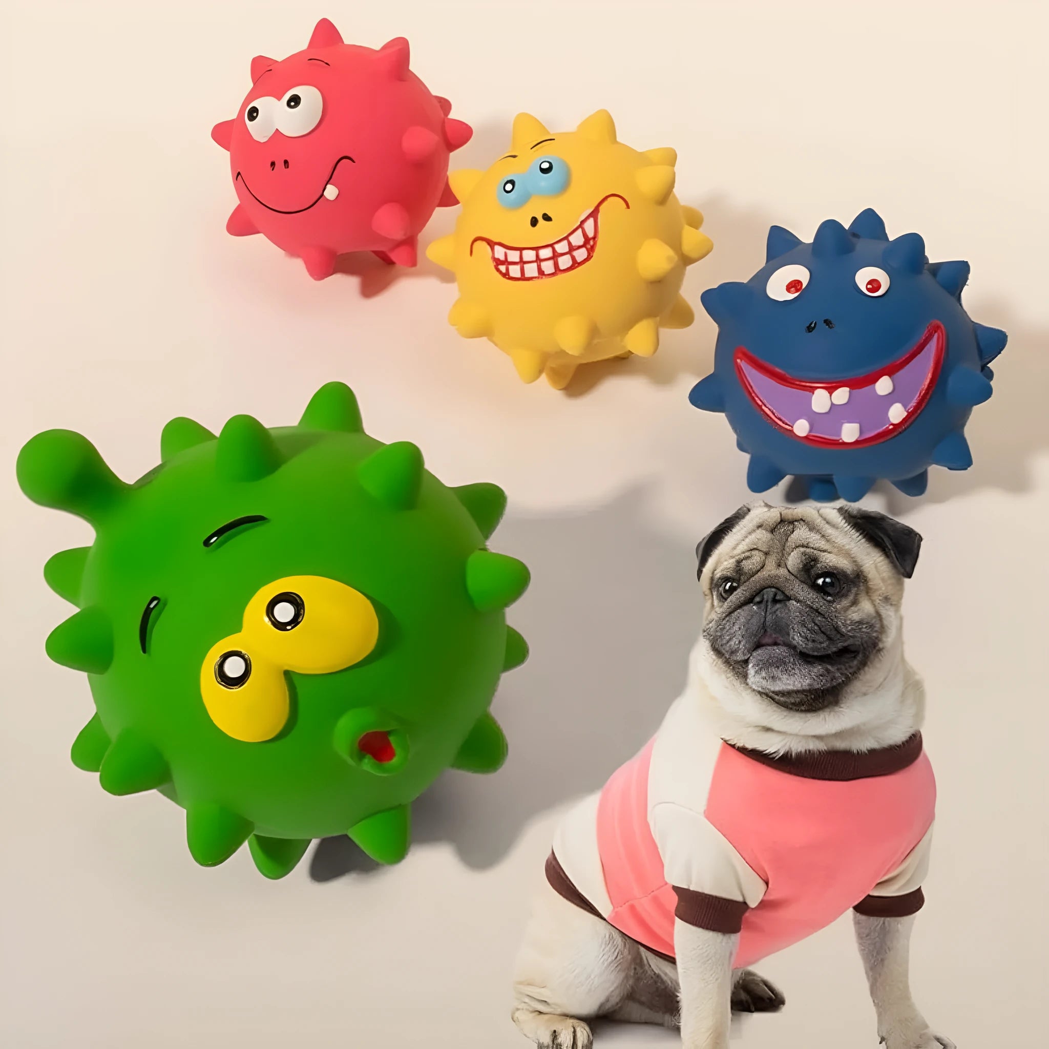 Four colourful latex squeaky dog balls with cute faces, each 7.5cm diameter