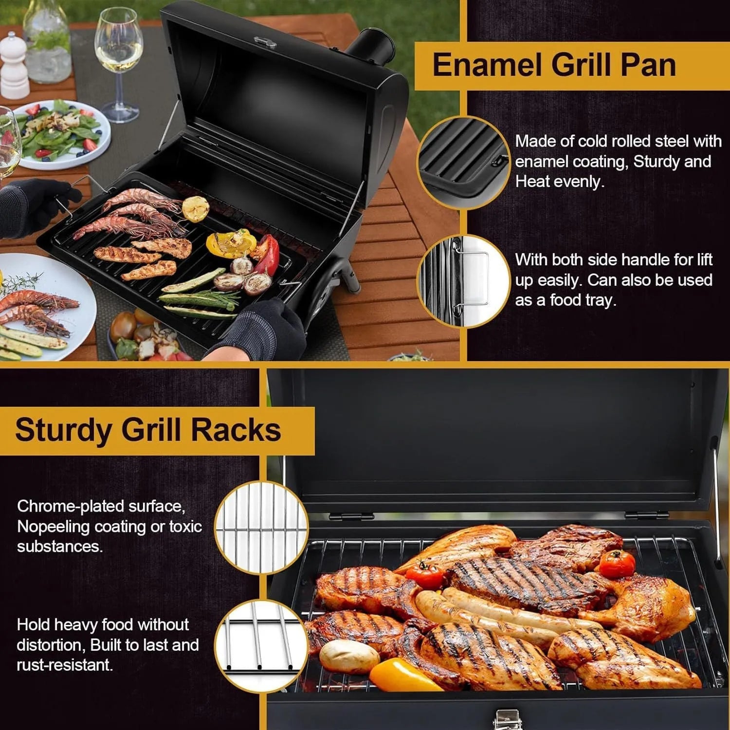 Small folding desktop charcoal barbecue grill shown in use on a table.