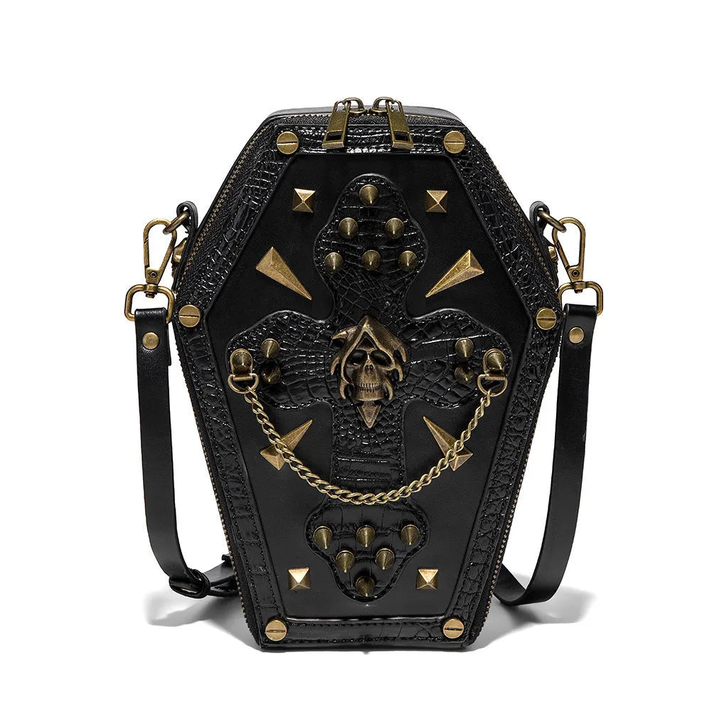 Black embossed Halloween messenger bag with three-dimensional front pocket and crossbody strap