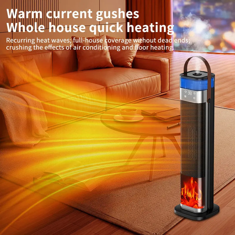 Tall white tower heater with remote control displaying humidification function and voice command capabilities