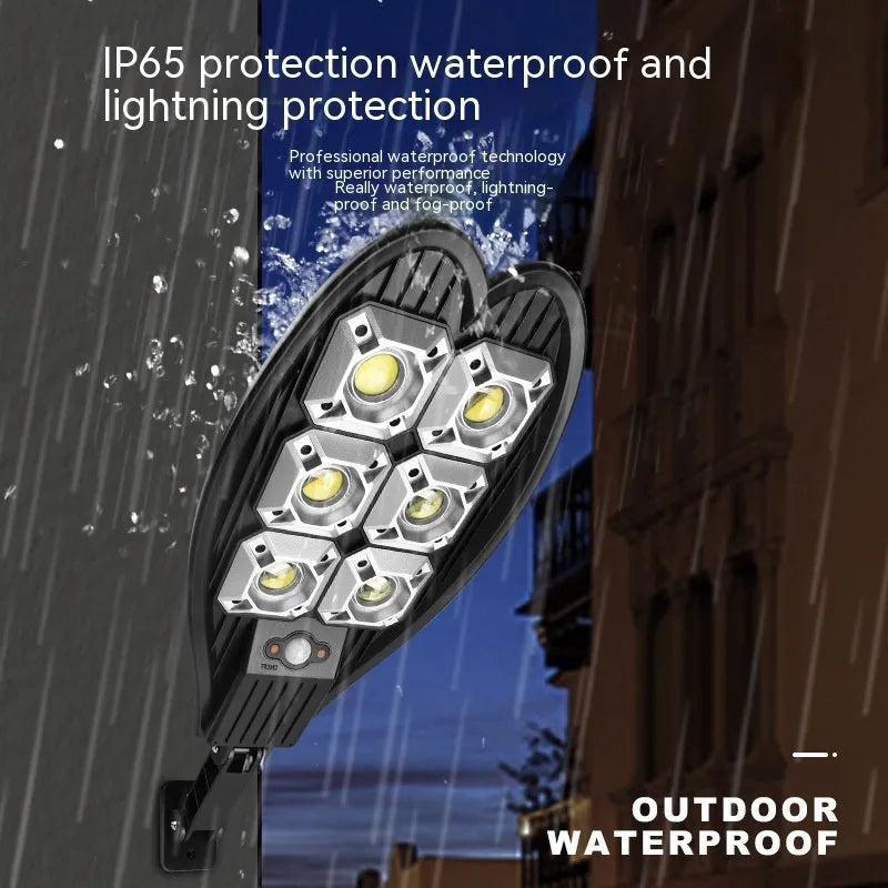 White 6-eye outdoor solar garden lamp with solar panel and remote control on a garden path.