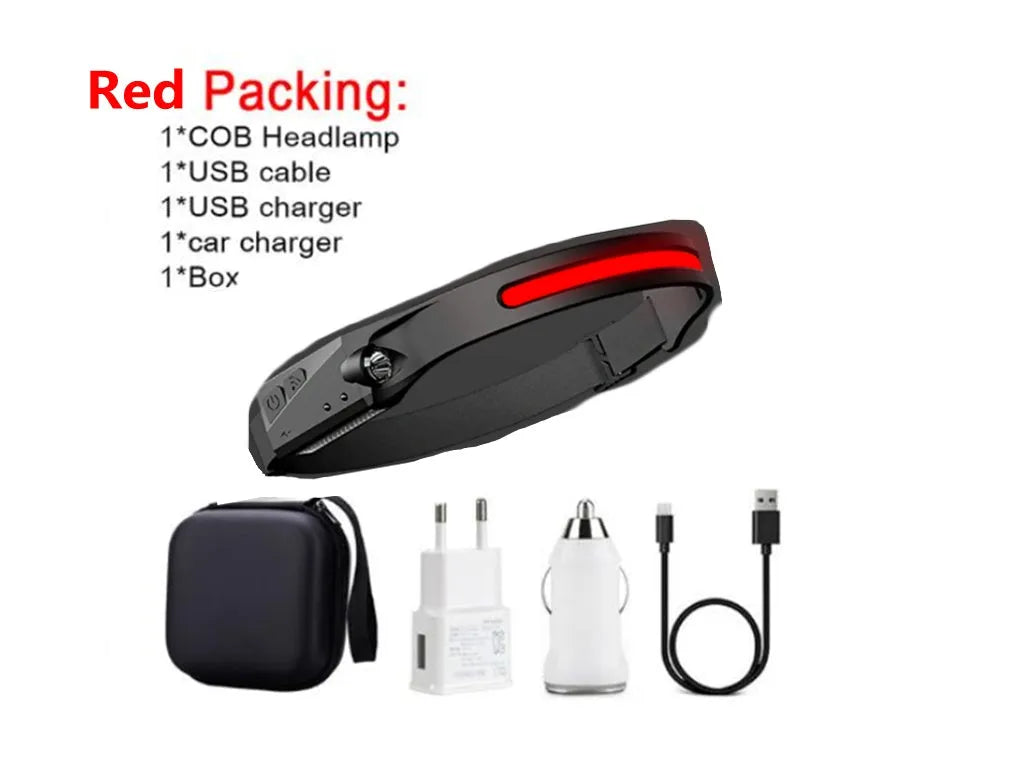 Black silicone USB rechargeable headlamp with side wave sensor and dual LED lights for wide and long-distance illumination.