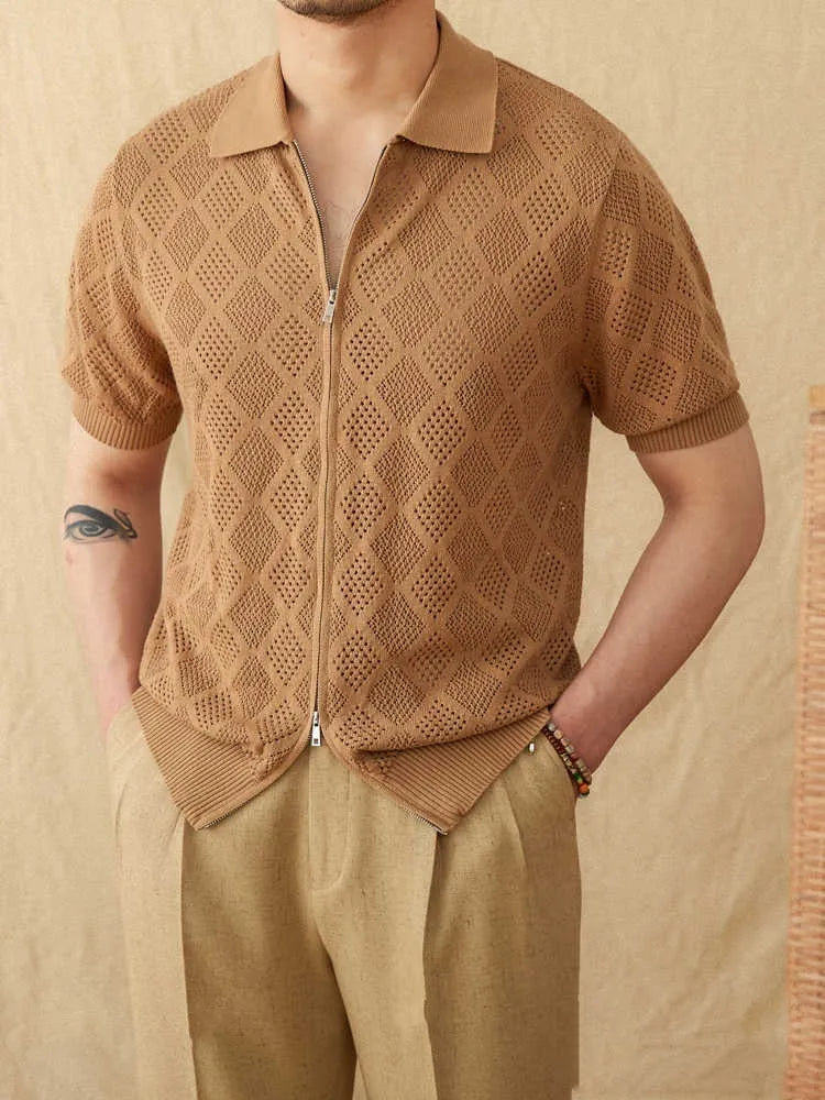 Men's light brown cotton cardigan with lapel collar, zipper front, and short sleeves laid flat.