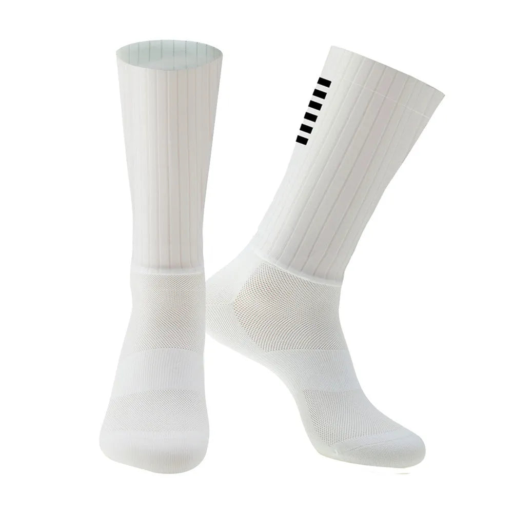 Pair of athletic socks for cycling and running in a chemical fibre blend, shown in one of six available colours.
