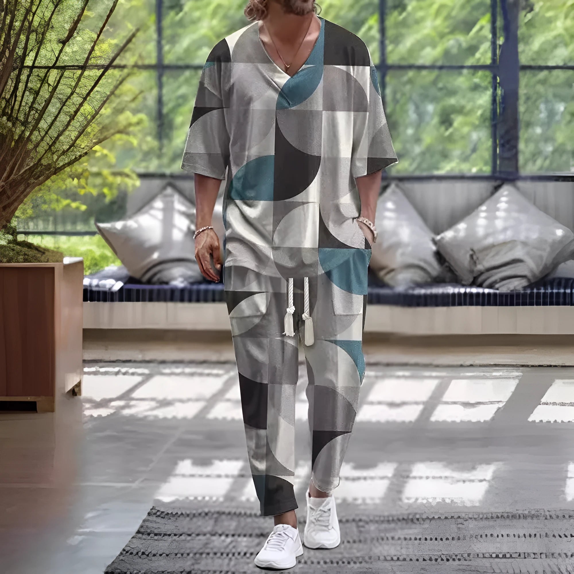 Casual trousers suit with V-neck cropped sleeve jacket and matching trousers in thin polyester.