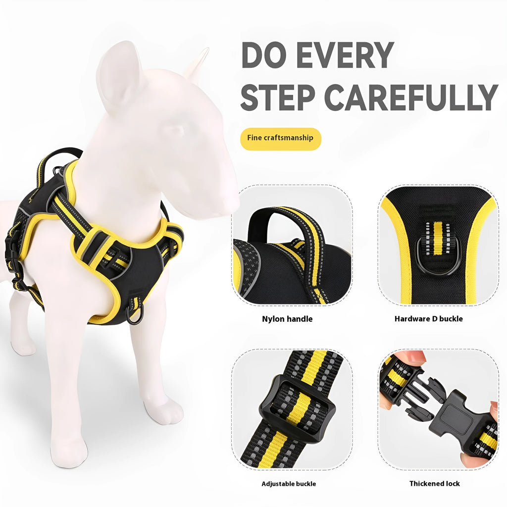 Orange and yellow polyester dog harness with anti-breaking traction strap in S, M, L sizes